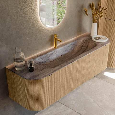 MONDIAZ KURVE-DLUX Meuble de salle de bains 150cm arrondi Gauche + Droite couleur Chêne avec 1 tiroir et 2 portes. Lavabo BIG MEDIUM Centre 1 trou de robinet Oza. SW1432643