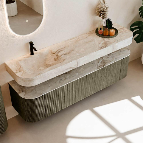 MONDIAZ THOR-DLUX 180cm meuble de salle de bains arrondi gauche + droite couleur Shadow avec 2 tiroirs et 2 portes. Vasque suspendue CLOUD Gauche 1 trou de robinet couleur Frappe. SW1466068