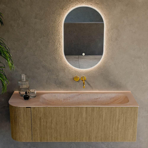 MONDIAZ KURVE-DLUX 135cm badmeubel ronding Links kleur Dusk met 1 lade en 1 deur. Wastafel BIG MEDIUM Rechts zonder kraangat Saba. SW1433358