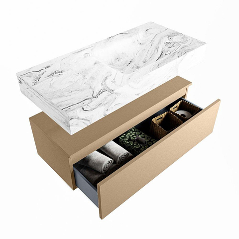 Mondiaz ALAN-DLUX Ensemble de meuble - 100cm - meuble Oro mat - 1 tiroir - Lavabo Cloud Glace suspendu - vasque Droite - 1 trou de robinet SW806132
