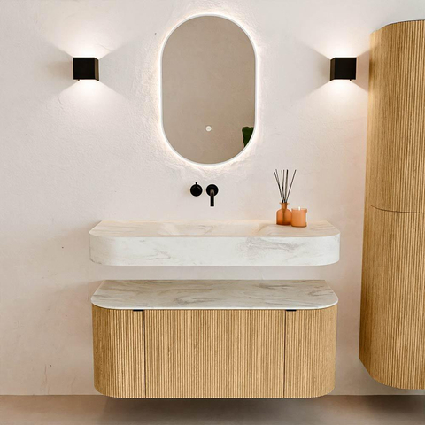 MONDIAZ THOR-DLUX 110cm badmeubel ronding links + rechts kleur Oak met 1 lade en 2 deuren. Vrijhangende wastafel CLOUD Midden zonder kraangat kleur Ostra. SW1462806
