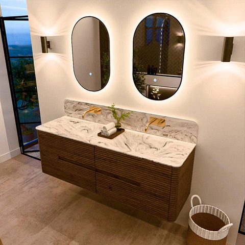 Mondiaz CIRO-DLUX Badkamermeubelset - 150x45x50cm - Solid surface wastafel Glace - 2 wasbak Dubbel - zonder kraangaten - 4 lades - Dusk SW1533016