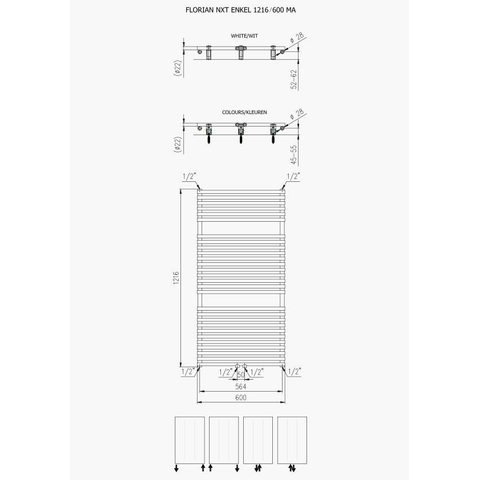Plieger Florian Nxt M radiateur design simple horizontal avec raccordement central 1216x600mm 750W blanc 7255174