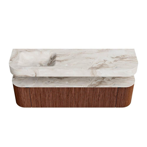 MONDIAZ THOR-DLUX 170cm meuble de salle de bains arrondi gauche + droite couleur Ruby avec 1 tiroir et 2 portes. Vasque suspendue CLOUD Gauche sans trou de robinet couleur Frappe. SW1465450