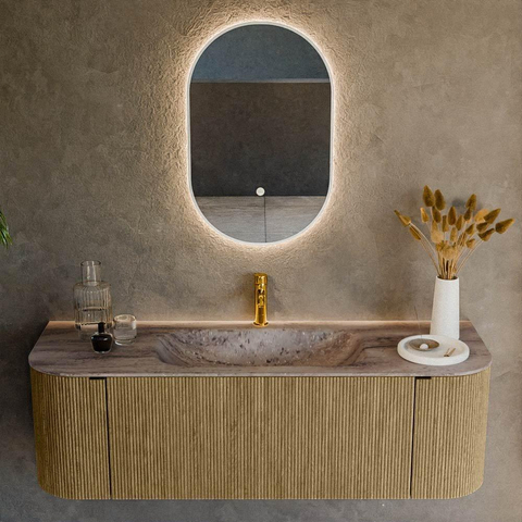 MONDIAZ KURVE-DLUX 140cm badmeubel ronding Links + Rechts kleur Dusk met 1 lade en 2 deuren. Wastafel BIG SMALL Midden 1 kraangat Oza. SW1432987