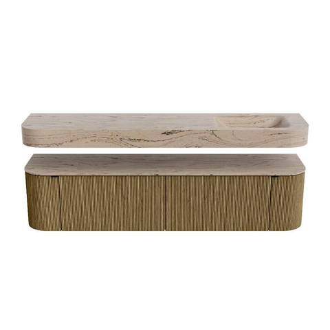MONDIAZ THOR-DLUX 190cm meuble de salle de bains arrondi gauche + droite couleur Dusk avec 2 tiroirs et 2 portes. Vasque suspendue CLOUD Droite sans trou de robinet couleur Arena. SW1466601