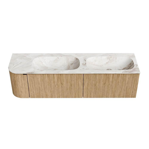 MONDIAZ KURVE-DLUX meuble de salle de bains 165 cm avec module 25 L couleur Oak avec 2 tiroirs et 1 porte. Lavabo STOR SMALL double / droit 2 trous de robinet couleur Frappe. SW1137370