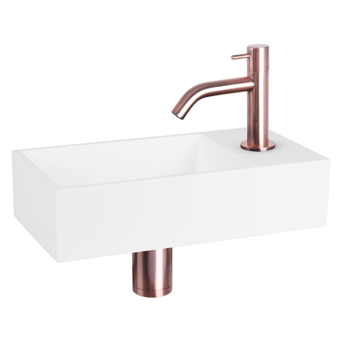 Differnz Solid kit lave-mains - 36x18.5x9cm - Rectangulaire - 1 trou de robinet - Robinet en cuivre courbé - Solid Surface blanche SW450886
