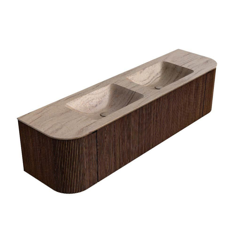 MONDIAZ KURVE-DLUX 170cm meuble de salle de bains arrondi gauche + droite couleur Walnut avec 1 tiroir et 2 portes. Lavabo LEAF double sans trou de robinet Saba. SW1433199
