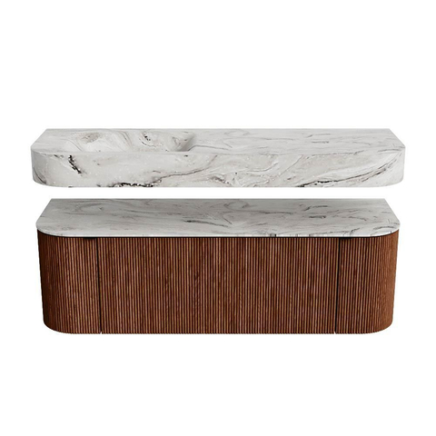 MONDIAZ THOR-DLUX 140cm meuble de salle de bains arrondi gauche + droite couleur Ruby avec 1 tiroir et 2 portes. Vasque suspendue CLOUD Gauche 1 trou de robinet couleur Glace. SW1467665
