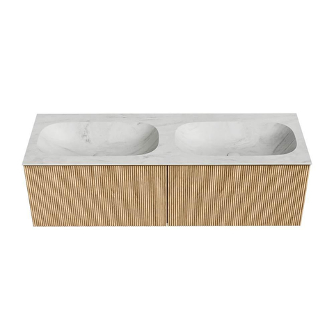 MONDIAZ KURVE-DLUX Meuble de salle de bains 140 cm couleur Oak avec 2 tiroirs. Lavabo STOR SMALL double 2 trous de robinet couleur Opalo. SW1137600