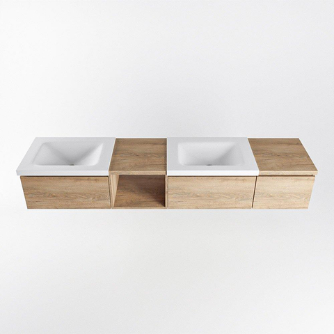 MONDIAZ BUKLA 200cm ensemble de meuble avec module ouvert 40 gauche couleur Chêne blanchi avec 3 tiroirs. Lavabo CLOUD double 0 trou de robinet couleur Talc. SW1382186