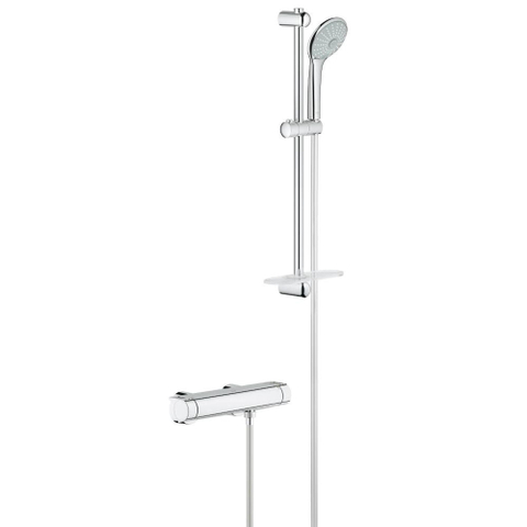GROHE Grohtherm 2000 Ensemble de douche - robinet de douche thermostatique - avec ensemble de douche à glissière - 60cm - douchette ronde - 3 types de jets - flexible de douche lisse - avec porte-savon - chrome 0102546