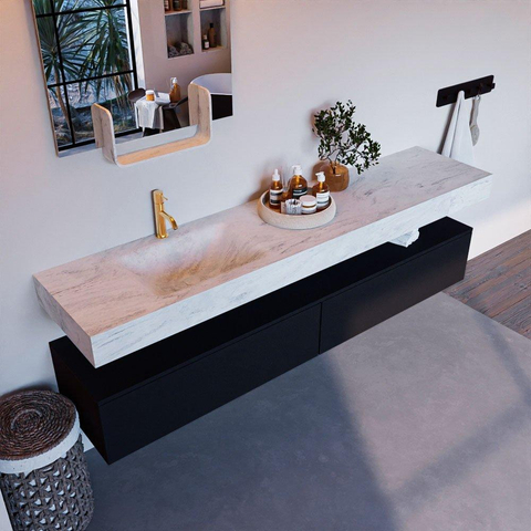Mondiaz ALAN-DLUX Ensemble de meuble - 200cm - meuble Urban mat - 2 tiroirs - Lavabo Cloud Opalo suspendu - vasque Gauche - 1 trou de robinet SW806381