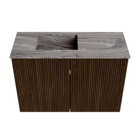 Mondiaz JOYA-DLUX 60cm toiletmeubel - kleur Walnut - Wastafel FAYE positie Links Zonder kraangat kleur Sombra. SW1424719