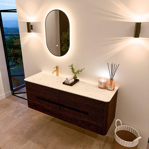Mondiaz CIRO-DLUX Meuble de salle de bains - 140x45x50cm - Plan vasque solid surface Opalo - 1 vasque à gauche - 1 trou de robinet - 4 tiroirs - Noyer SW1530518