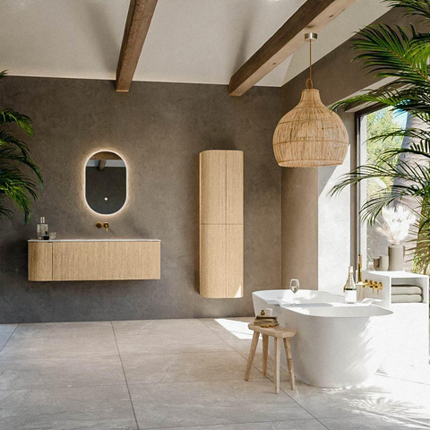 MONDIAZ KURVE-DLUX meuble de salle de bains 135cm avec module 25 L couleur chêne avec 1 tiroir et 1 porte. Lavabo BIG MEDIUM à droite sans trou de robinet couleur Frappe. SW1137354