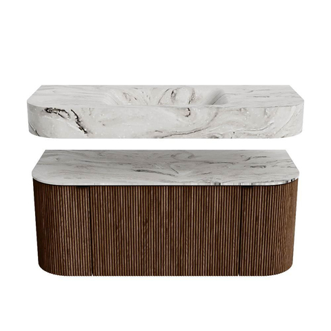 MONDIAZ THOR-DLUX Meuble de salle de bains - 110cm - arrondi gauche + droite - couleur Walnut - 1 tiroir et 2 portes - Vasque suspendue CLOUD Milieu 1 trou de robinet couleur Glace SW1462757