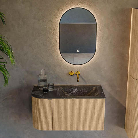 MONDIAZ KURVE-DLUX Meuble de salle de bains 85 cm avec module 25 L couleur chêne avec 1 tiroir et 1 porte. Lavabo CLOUD à droite sans trou de robinet couleur lave. SW1138085