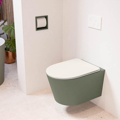 Mondiaz LAVIE hangtoilet – spoelrandloos – 36 x 53 cm – met softclose zitting – Army (groen), zitting Linen (offwhite) SW1208646