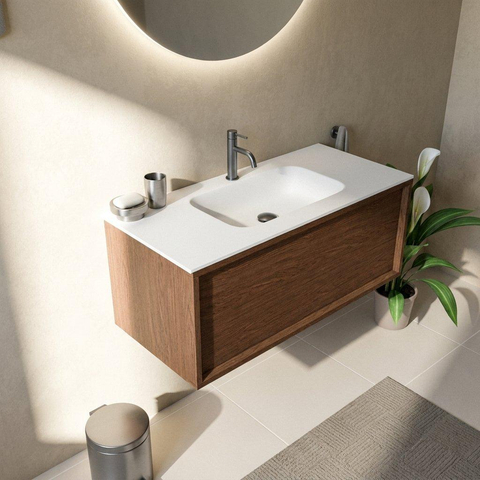 Saniclass Holz Frame Badkamermeubelset - 100x45x41.5cm - Flow solid surface wastafel wit - 1 wasbak - 1 kraangat - 1 lade - mat walnut pure (hout) SW1478407