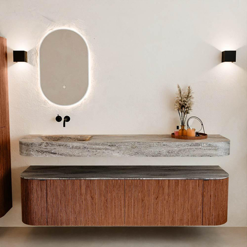 MONDIAZ THOR-DLUX 180cm meuble de salle de bains arrondi gauche + droite couleur Ruby avec 2 tiroirs et 2 portes. Vasque suspendue CLOUD Gauche sans trou de robinet couleur Oza. SW1466321
