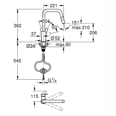 Grohe Start QuickFix Keukenkraan - met uittrekbare handdouche - met dual spray - voorsprong 22.1cm - matte black (mat zwart) SW1028176