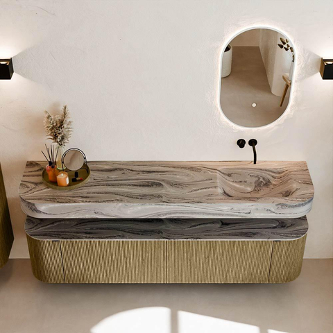 MONDIAZ THOR-DLUX Meuble de salle de bains 190cm arrondi gauche + droite couleur Dusk avec 2 tiroirs et 2 portes. Vasque suspendue CLOUD Droite sans trou de robinet couleur Sombra. SW1466713
