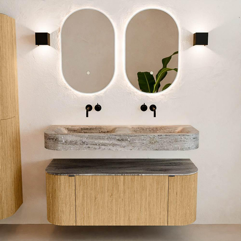 MONDIAZ THOR-DLUX 120cm badmeubel ronding links + rechts kleur Oak met 1 lade en 2 deuren. Vrijhangende wastafel CLOUD Dubbel zonder kraangat kleur Oza. SW1463380