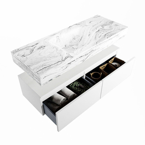 Mondiaz ALAN-DLUX Ensemble de meuble - 120cm - meuble Talc mat - 2 tiroirs - Lavabo Cloud Glace suspendu - vasque Centre - 1 trou de robinet SW805292
