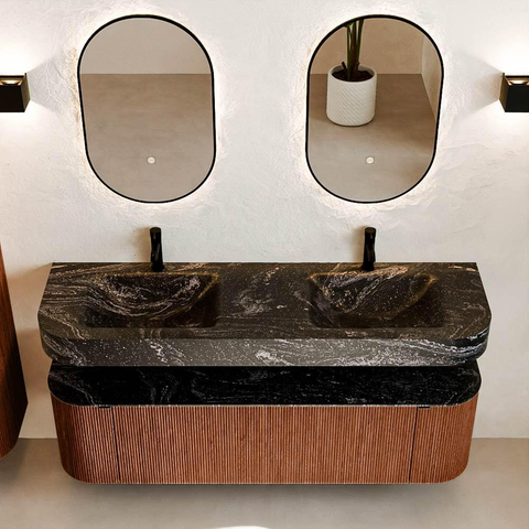 MONDIAZ THOR-DLUX 160cm meuble de salle de bains arrondi gauche + droite couleur Ruby avec 1 tiroir et 2 portes. Vasque suspendue CLOUD Double 2 trous de robinet couleur Lava. SW1465185