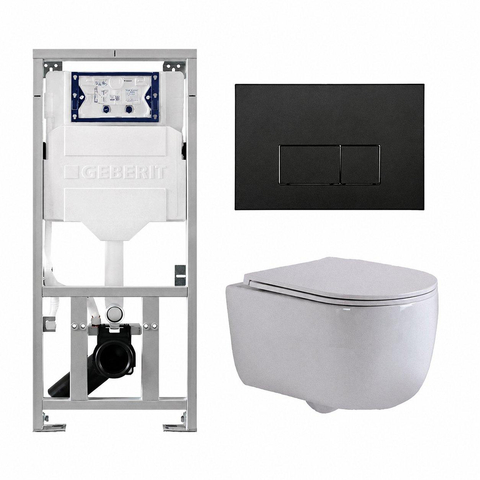 QeramiQ Dely Swirl Toiletset - 36.3x51.7cm - diepspoel - rimless - Geberit UP320 inbouwreservoir - met Burda frame - slim zitting - mat zwarte metalen bedieningsplaat - rechtehoekige knoppen - mat wit SW1126108