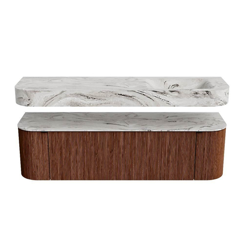 MONDIAZ THOR-DLUX 160cm meuble de salle de bains arrondi gauche + droite couleur Ruby avec 1 tiroir et 2 portes. Vasque suspendue CLOUD Droite sans trou de robinet couleur Glace. SW1465178