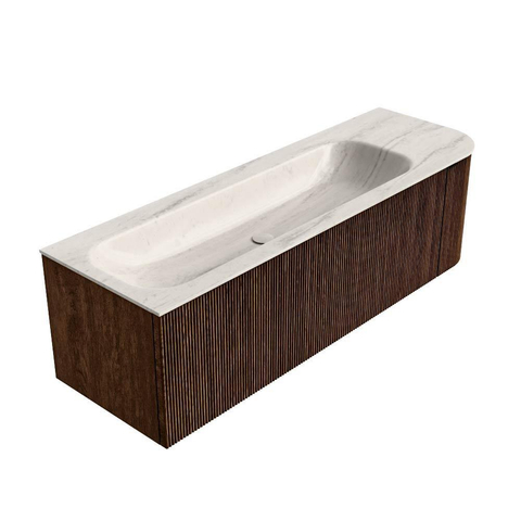 MONDIAZ KURVE-DLUX meuble de salle de bains 145cm arrondi à droite couleur Walnut avec 1 tiroir et 1 porte. Lavabo BIG LARGE à gauche 1 trou de robinet Meli. SW1431707