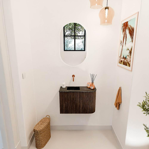 Mondiaz JOYA-DLUX 61.6cm toiletmeubel - ronding rechts kleur Walnut - Wastafel FAYE positie Links Zonder kraangat kleur Lava. SW1422470