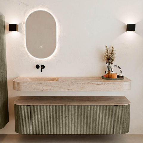 MONDIAZ THOR-DLUX 160cm meuble de salle de bains arrondi gauche + droite couleur Shadow avec 1 tiroir et 2 portes. Vasque suspendue CLOUD Gauche sans trou de robinet couleur Saba. SW1465366