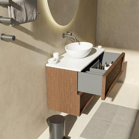Saniclass Holz Frame Ensemble meuble de salle de bains - 100x45x62.5cm - plan de travail Torino en solid surface blanc - sans trou de robinetterie - 2 tiroirs - walnut pure mat (bois) SW1579988