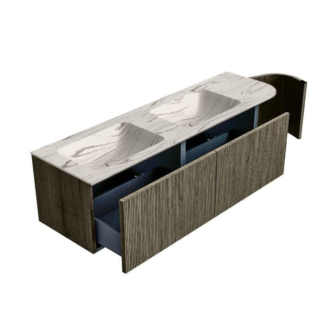 MONDIAZ KURVE-DLUX meuble de salle de bains 155cm arrondi droit couleur Shadow avec 2 tiroirs et 1 porte. Lavabo LEAF double / gauche 2 trous de robinet Nata. SW1432331