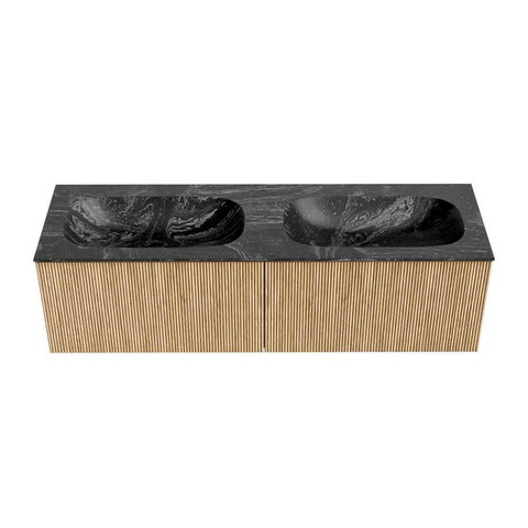 MONDIAZ KURVE-DLUX Meuble de salle de bains 150cm couleur Oak avec 2 tiroirs. Lavabo STOR SMALL double 2 trous de robinet couleur Lava. SW1137235