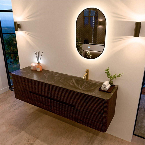 Mondiaz CIRO-DLUX Badkamermeubelset - 180x45x50cm - Solid surface wastafel Lava - 1 wasbak Rechts - 1 kraangat - 4 lades - Walnut SW1530164