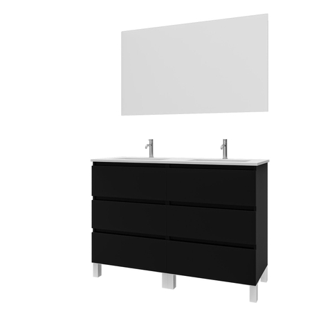 Saniclass Chaci PLUS Meuble de salle de bain - 120x86x46cm - lavabo en céramique blanc - 2 vasques - 2 trous de robinet - 6 tiroirs - miroir rectangulaire - noir mat SW926325
