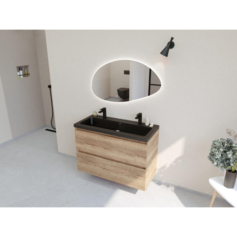 H&R Badmeubelen Infinity XXL 3D Badkamermeubelset - 100 cm - 1 keramische wasbak djazz mat zwart - 2 kraangaten - 2 lades - french oak SW863487