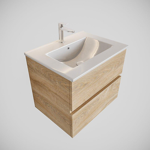 MONDIAZ VICA Ensemble de meuble salle de bain - 60cm - 2 tiroirs - lavabo Denia milieu - 1 trou de robinet - solid surface chêne blanchi SW409998