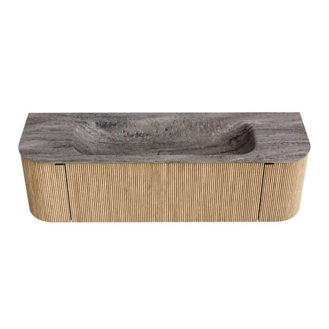 MONDIAZ KURVE-DLUX 150cm badmeubel ronding Links + Rechts kleur Oak met 1 lade en 2 deuren. Wastafel BIG MEDIUM Midden zonder kraangat Oza. SW1432646