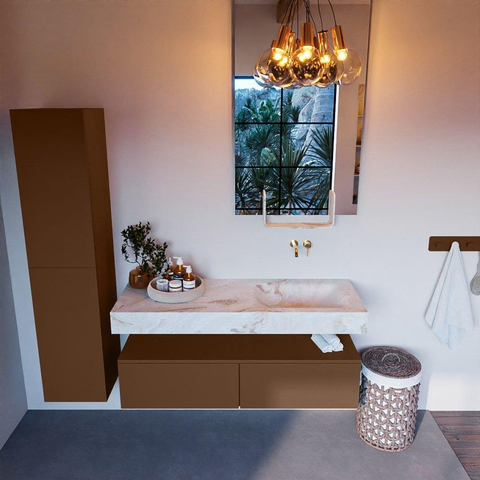 Mondiaz ALAN-DLUX Ensemble de meuble - 130cm - meuble Rust mat - 2 tiroirs - Lavabo Cloud Frappe suspendu - vasque Droite - 0 trous de robinet SW804832