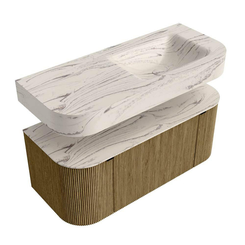MONDIAZ THOR-DLUX 110cm badmeubel ronding links + rechts kleur Dusk met 1 lade en 2 deuren. Vrijhangende wastafel CLOUD Rechts zonder kraangat kleur Nata. SW1462951
