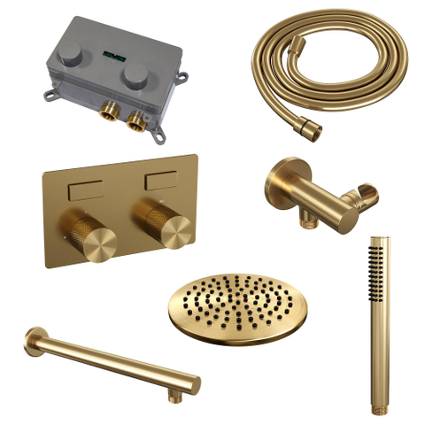 BRAUER Gold Carving Douche de tête thermostatique encastrée - boutons-poussoirs - SET 49 - pomme de douche 20 cm - bras mural droit - douchette barre - flexible de douche - coude d'alimentation mural - or brossé PVD SW925622