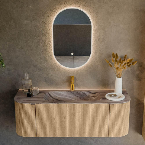 MONDIAZ KURVE-DLUX 130cm badmeubel ronding Links + Rechts kleur Oak met 1 lade en 2 deuren. Wastafel BIG SMALL Midden 1 kraangat Sombra. SW1433549