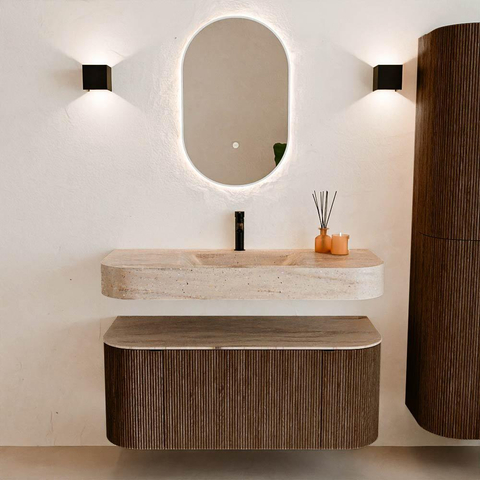 MONDIAZ THOR-DLUX 110cm meuble de salle de bains arrondi gauche + droite couleur Walnut avec 1 tiroir et 2 portes. Vasque suspendue CLOUD Milieu 1 trou de robinet couleur Saba. SW1463003