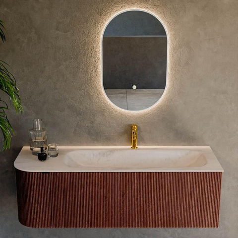 MONDIAZ KURVE-DLUX Meuble de salle de bains 135cm arrondi à gauche couleur Ruby avec 1 tiroir et 1 porte. Lavabo BIG MEDIUM à droite 1 trou de robinet Meli. SW1432019